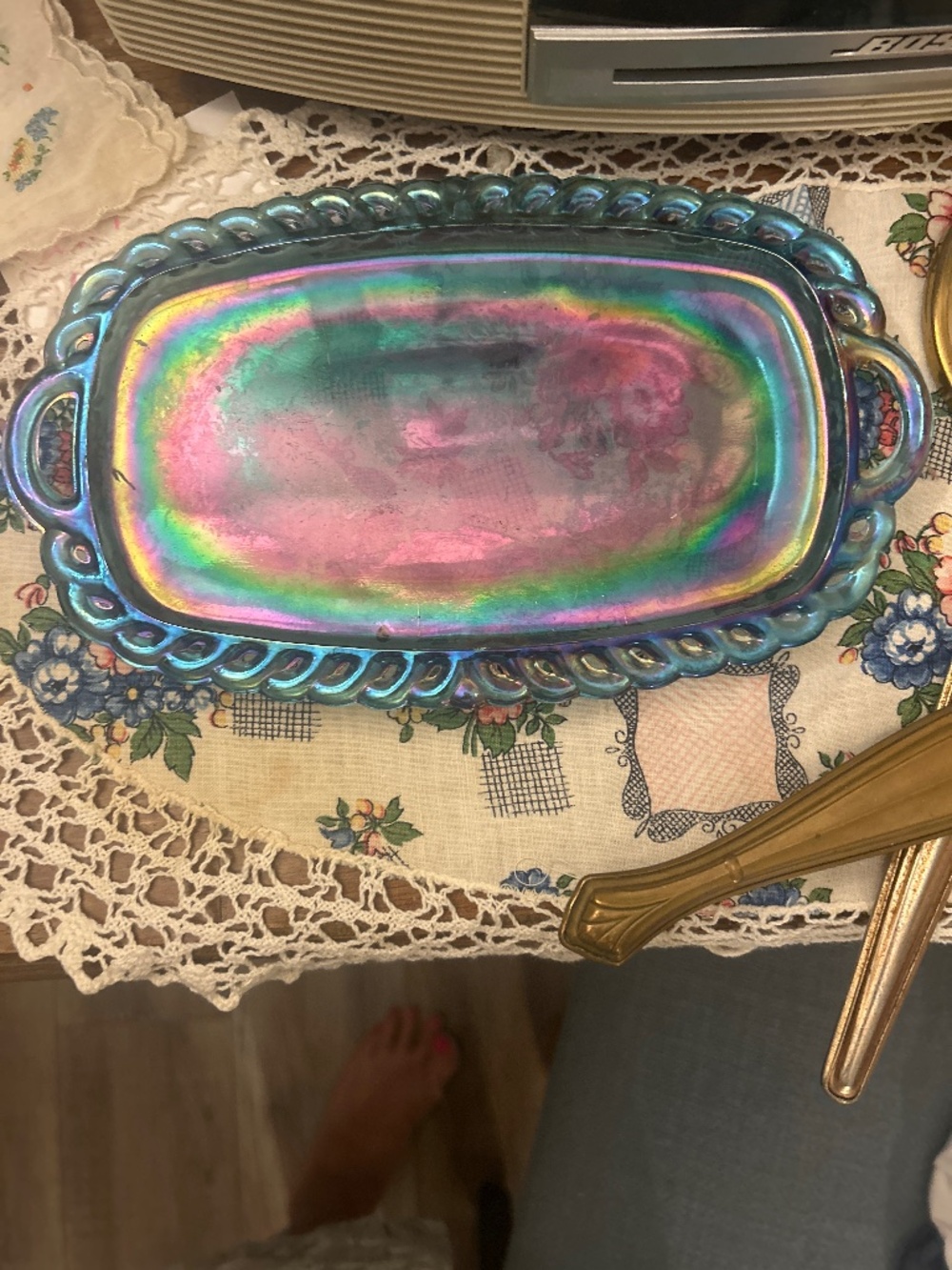 Vintage Indiana Glass trinket dish, blue iridescent carnival glass.